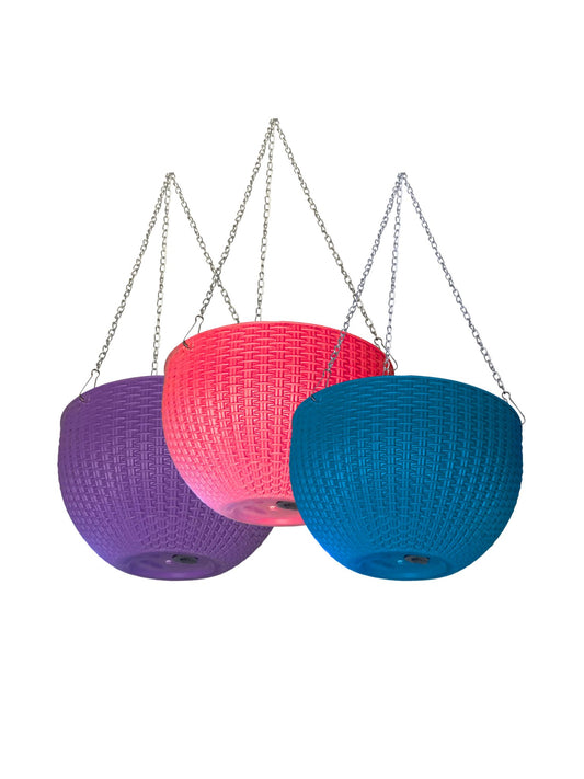 Premium Hanging Pots for elegant touch for your balconies, gardens and houses, available in (Pink, Purple, Blue) metallic chain